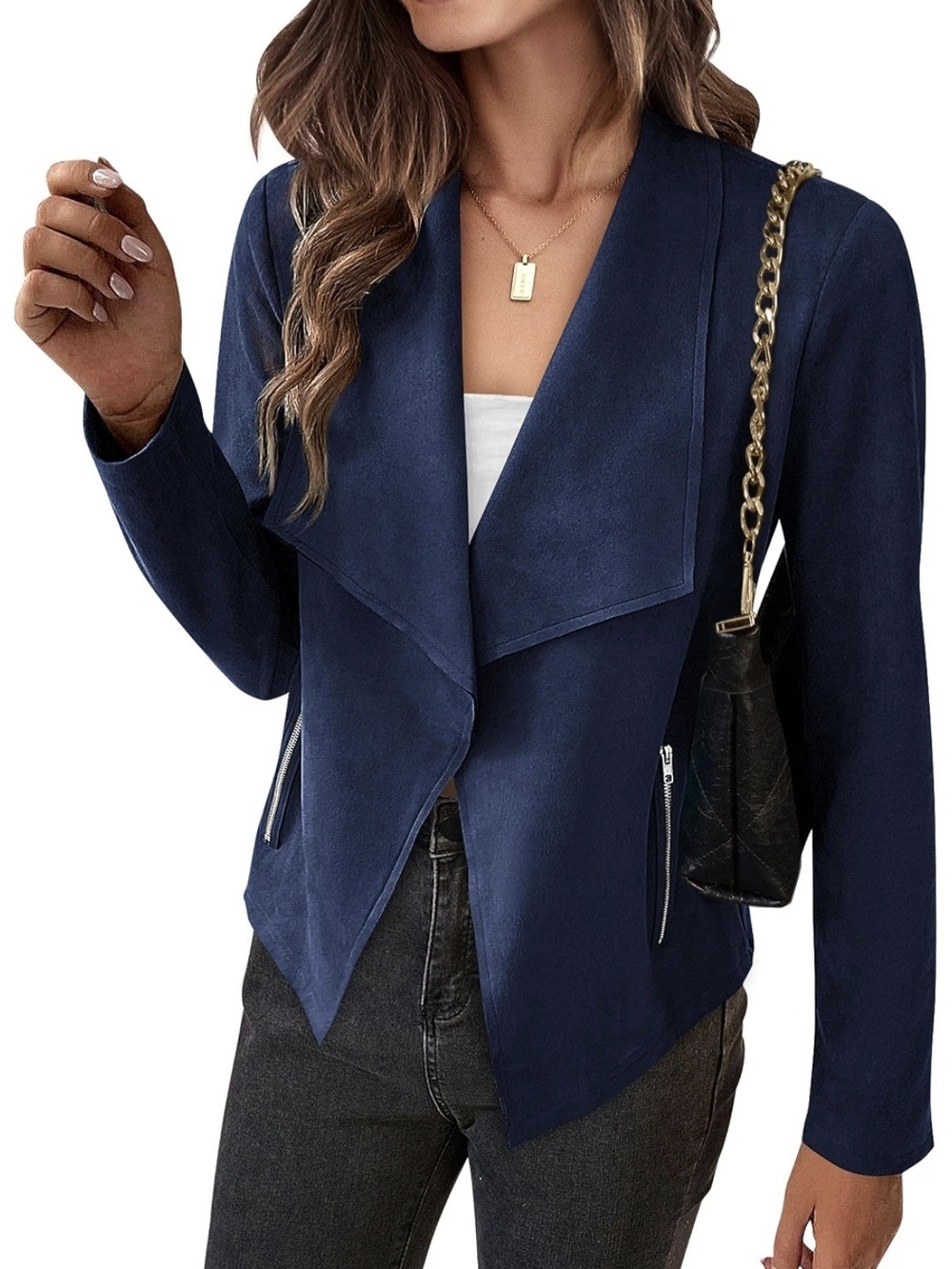 Women’s Navy Draped Open-Front Blazer Jacket